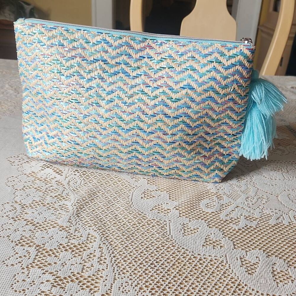 Lancome paris aqua blue woven straw cosmetic bag